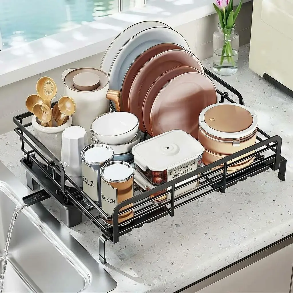 Garvee Expandable 2-Tier Stainless Steel Dish Drying Rack – V-Shaped Card Slot, Cutlery Holder, Retractable Design – Rustproof Kitchen Organizer for basin, Countertop, Small Kitchens – Black