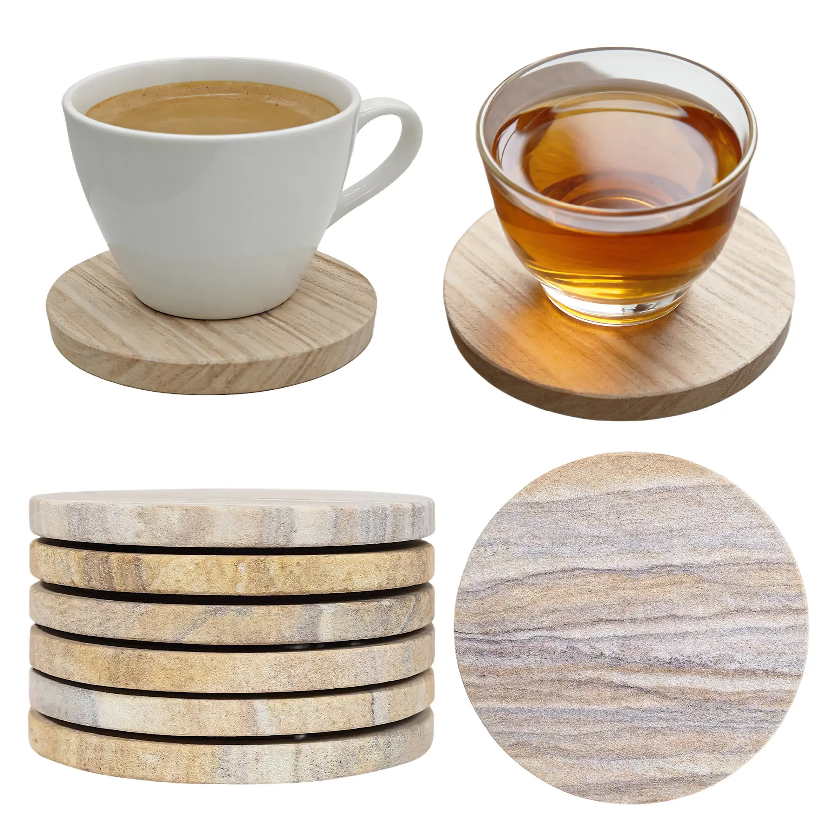 6-Pack 4-Inch Sandstone Coasters with Cork Feet, Natural Stone Color