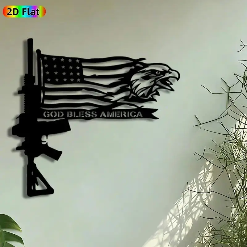 1pc American Flag with Eagle & Rifle Metal Wall Art, "God Bless America" Statue Mural, Decoration Items, Perfect for Independence Day, Veterans Day, Man Cave, Garage, Patio Wall Decor, Ideal Gift for Patriotic Decor Enthusiasts