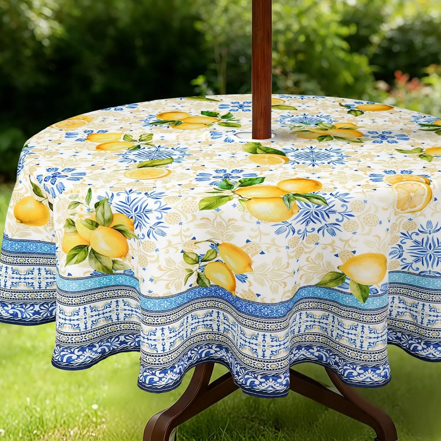 Outdoor Tablecloth with Umbrella Hole and Zipper, Lemon Waterproof Patio Table Covers, Round 60" x 60"