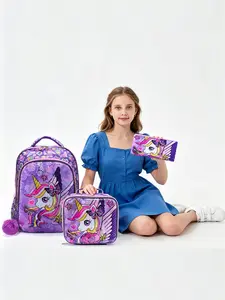3-Piece Women's Backpack Set, Travel Bag, Luggage, School Bag, Includes Lunch Box and Pencil Case, Unicorn Design, 17 Inches, Night Reflective Light