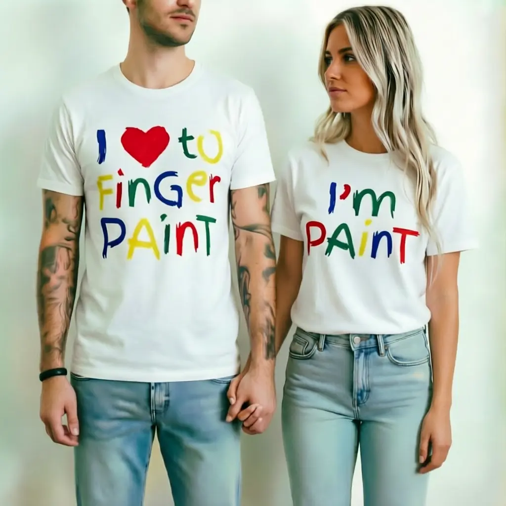 I Heart Love to Finger Paint I'm Paint Cute Couple Valentine Unisex Cotton T-Shirt Funny Matching Summer Rainbow Graphic Casual Everyday Crewneck Black White Blue printed Tee Gift For Men and Women