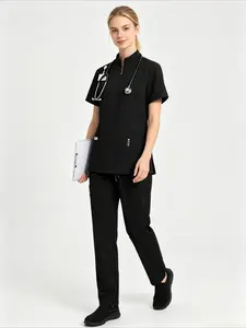 Women Men Solid Color Stand Collar Zipper Scrub Suit, Straight Leg Pants Medical Uniform, Durable Operating Room Nurse Doctor Work Clothes