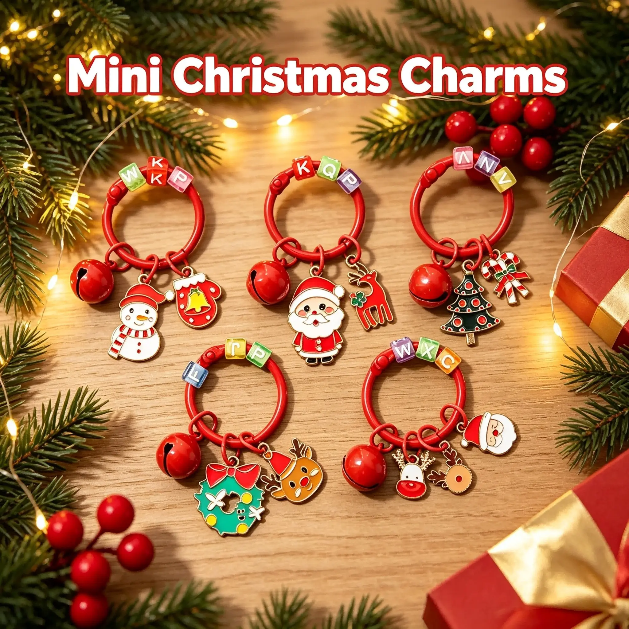 Multiple Christmas Mini Keychains, Vintage Holiday Style, Colorful Block Letters, Bell Design, Perfect for Couples, Festive Decoration