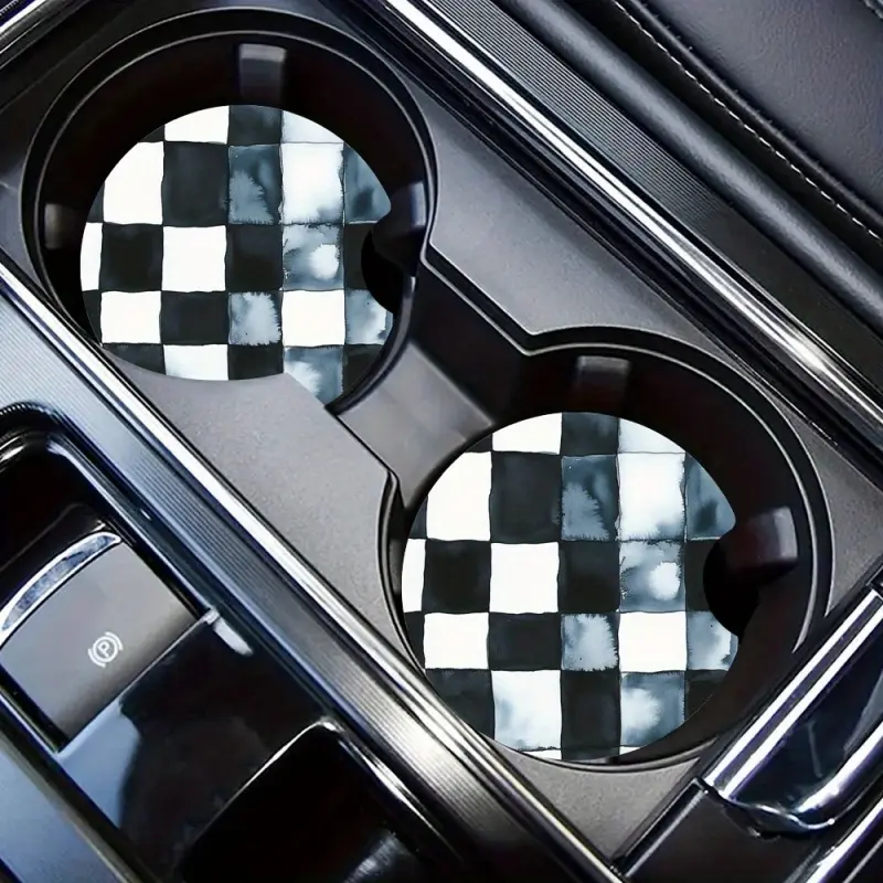 2pcs Classic Black Mosaic Car Coasters - Non-Slip EVA Cup Holder Inserts with Stylish Checkerboard Design, Perfect for Minimalist & Casual Vehicle Decor, 2.76inch, Car Cup Holder Covers