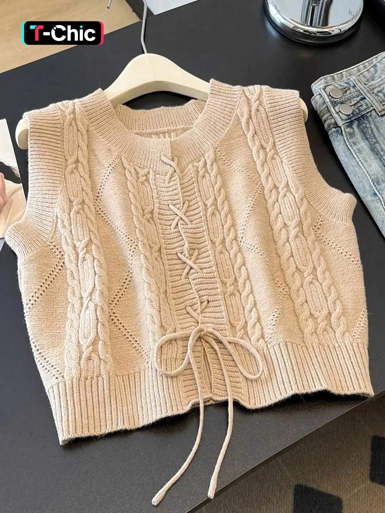 Women's Spring & Fall Knitted Belted Casual Short Vest Top, Slim-Fitting Fashionable Versatile Elegant Pure Color Outerwear Womenswear
