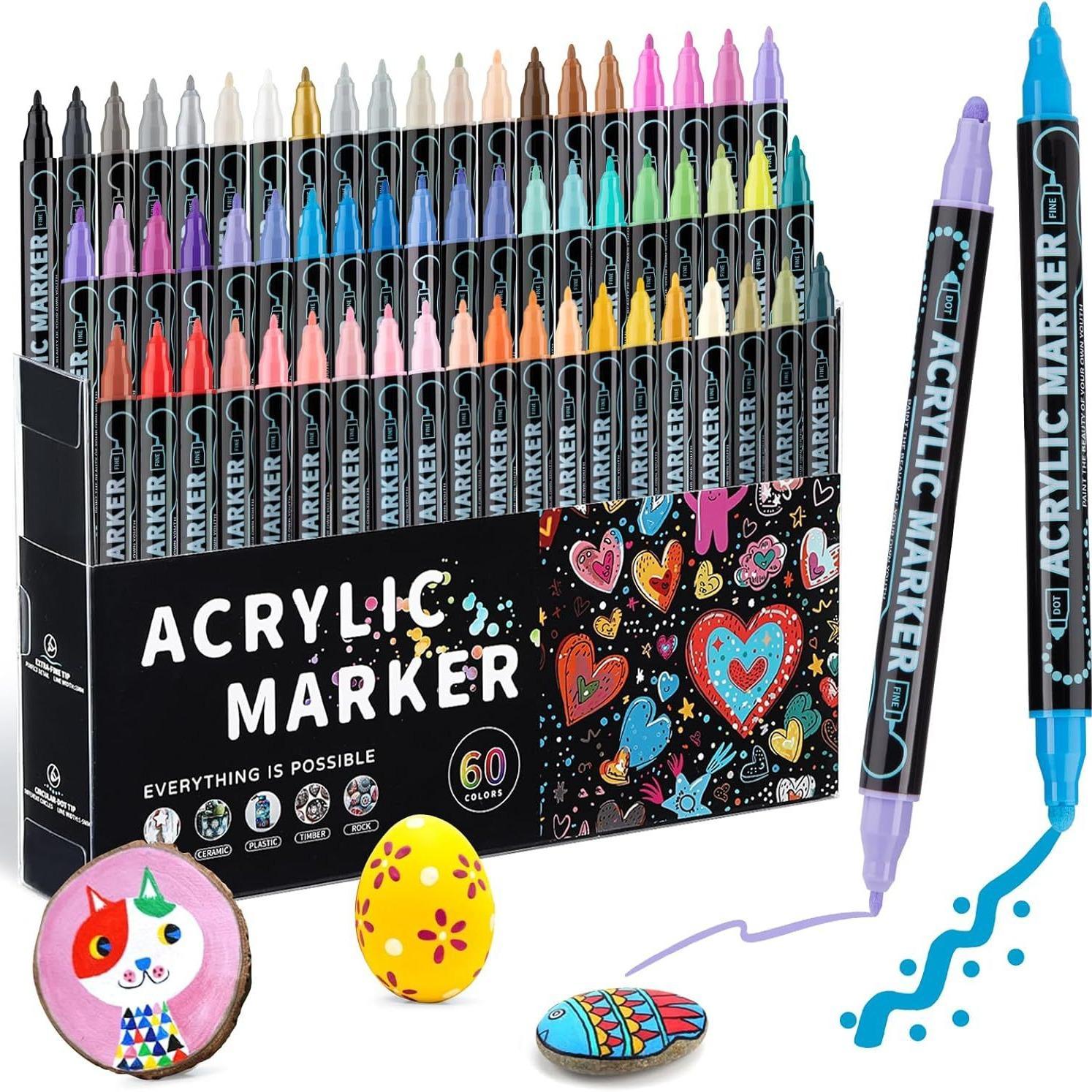 Acrylic Paint Marker Set, 1 Set Dual Tip Acrylic Paint Pens, Glass Marker Pens with Brush Tip and Fine Tip, Paint Pens for Rocks, Wood, Canvas, Stone, Ceramic Surfaces, Acrylic Markers