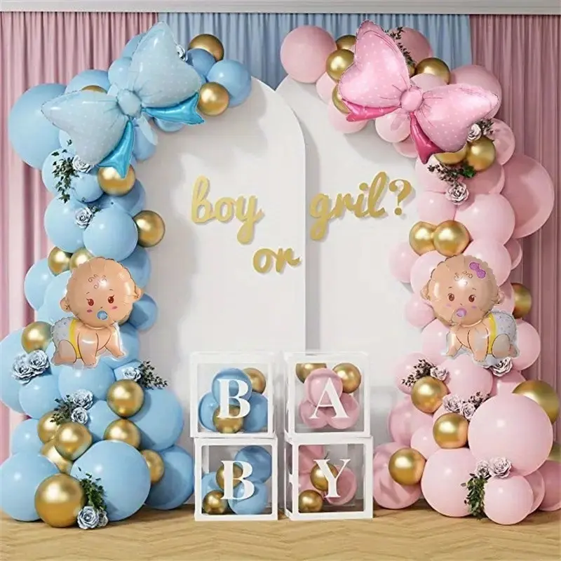 108Pcs Pink Blue Gender Reveal Balloon Garland Set, Bow Baby Foil Balloons, Boy Girl Baby Shower Backdrop Decor