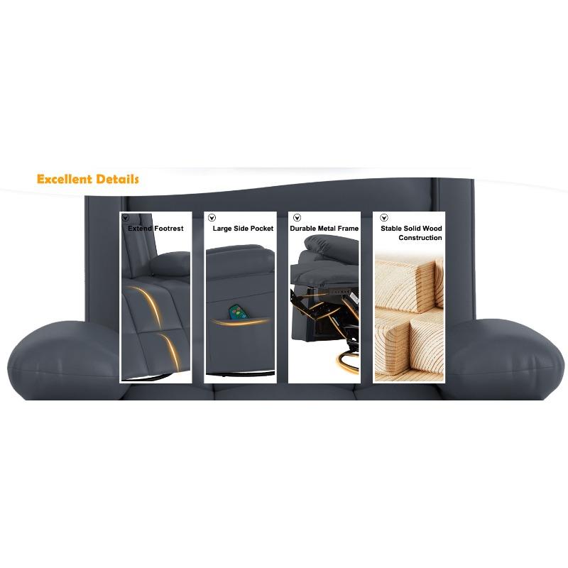 Massage Recliner Chair with Heating - 360 Degree Swivel Rocking for Adults, Reclining Sofa with Side Pocket, Living Room Use Grey