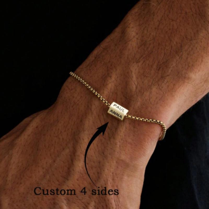 A personalized stainless steel square pendant bracelet for men with custom name engraving, a multi-name engraving bracelet with personalized engraving on 1-4 sides, a stainless steel square pendant bracelet with personalized engraving on 1-4 sides, a Fath