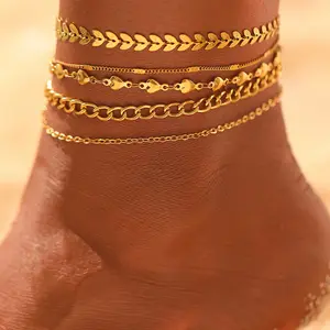 Anklet Set, Boho Style Stainless Steel Cuban Wave Link Stackable Layered Foot Chain Jewelry, Trendy Unique Ankle Bracelet Accessories for Women Beach Daily Outfits