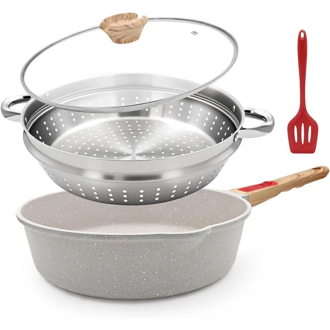 12-Inch Non Stick Deep Frying Pan Skillet with Steamer, 5 QT Nonstick Saute Pan with Lid & Detachable Handle, Induction Cooking Pan, Compatible with All Cooktops, Oven Safe, PFOA Free, White