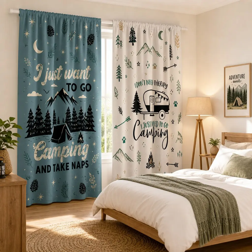 2 sets of digital forest tent caravan printed curtains, pole bag style, fade-resistant, washable by hand and machine, hookless design, suitable for home decoration in living room, bedroom and study area.