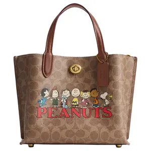 Coach x Peanuts Willow 24 Detachable Strap Coated Canvas Tote Bag for Women, Brown and Beige