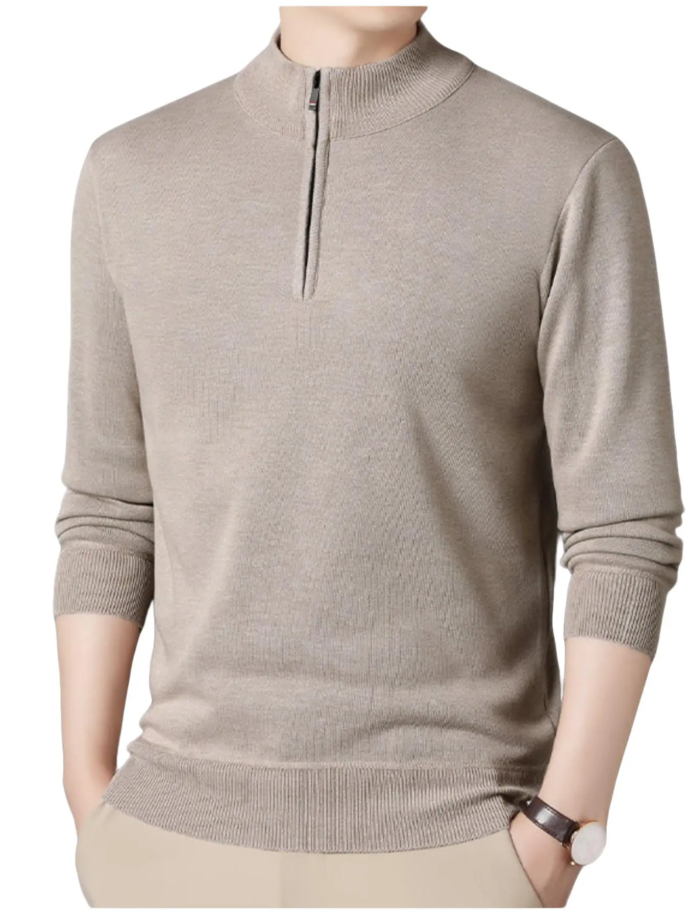 Men's Half-Zip Knit Sweater, Soft Breathable Fabric, Stand Collar Design, Ribbed Hem, Slim Fit, Neutral, Versatile Style
