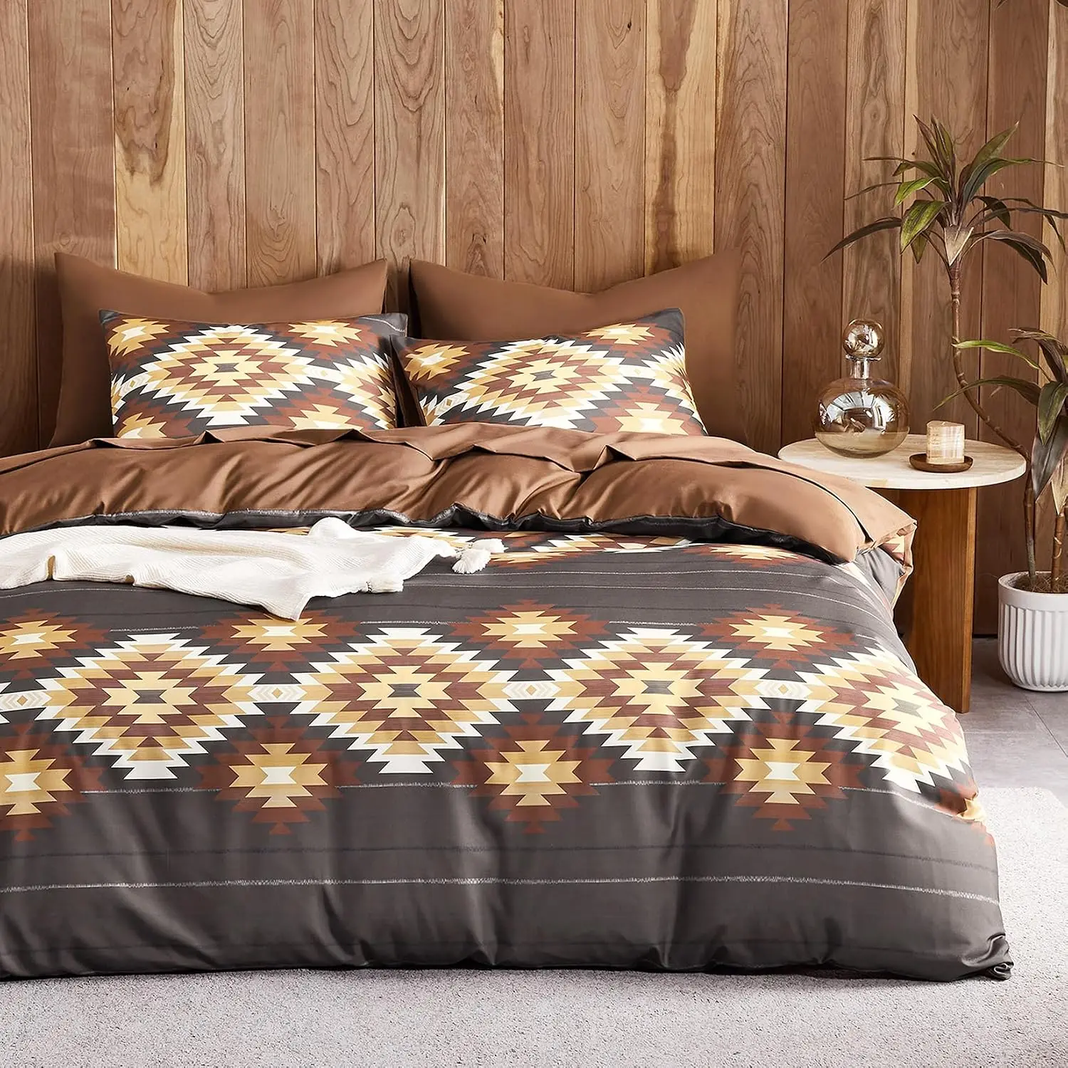 - Comforter Set, Aztec Southwestern Rustic Cabin Style with Geometric Stripe Pattern, Soft Lightweight Bedding, 3 Pieces, Chocolate Brown, Queen Size