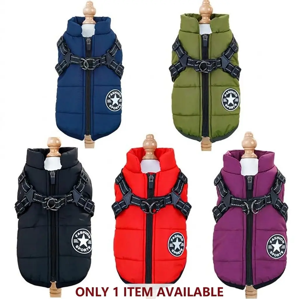 Padded Dog Coat with Harness Straps, Winter Pet Jacket for Outdoor Walks, Multiple Colours and Sizes