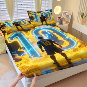Neon Flame Football Star Fitted Sheet Set & 2 Pillowcases-Back View of No. 10 Player with Gold Fire & Blue Lightning-Non-Slip Mattress Protector-Punk Style Boys' Bedroom Decor Gift for Football Fans