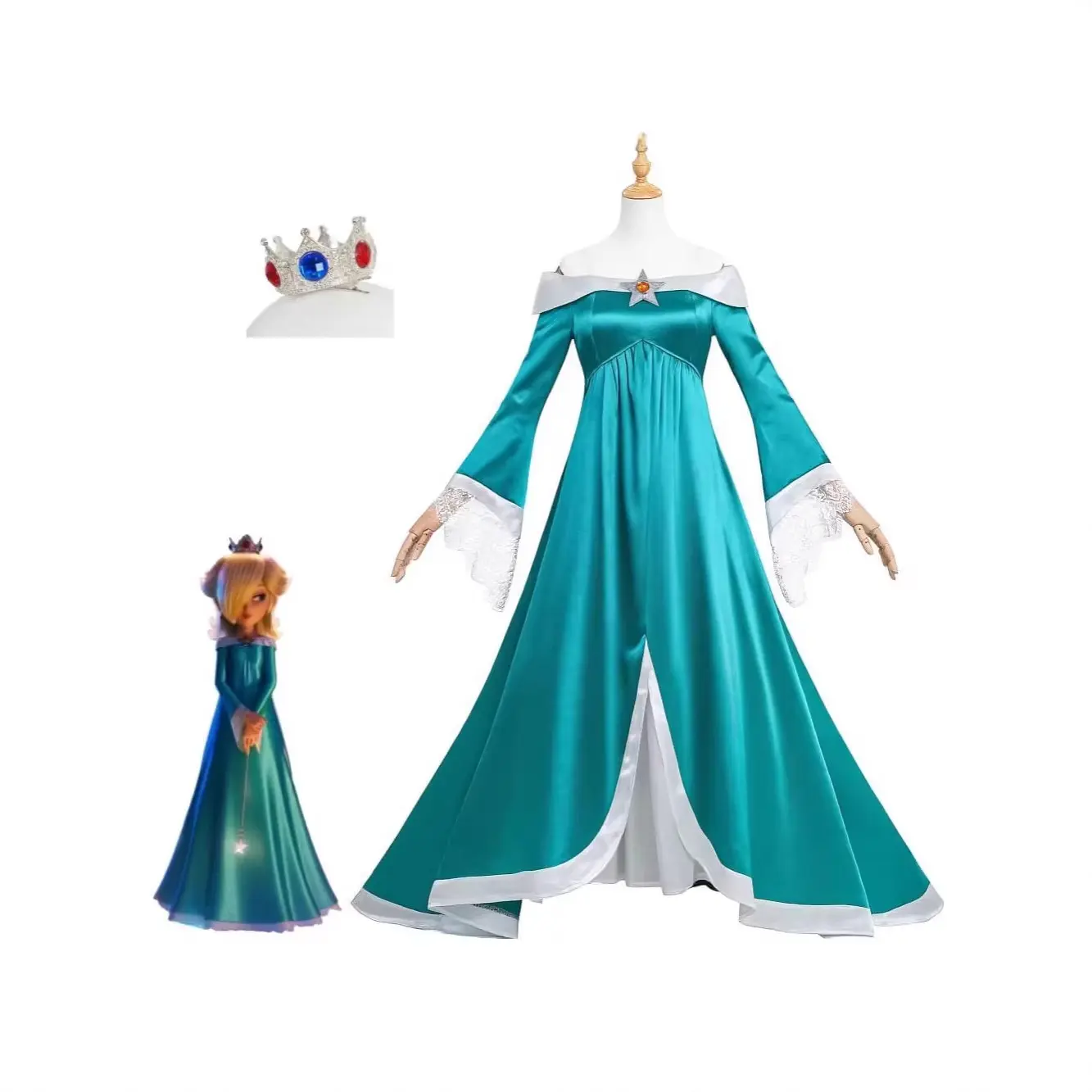 Super Mario Rosalina Cosplay Costume,Green Satin Long Dress Royal‑Style Princess Gown,Elegant Court‑Style Full‑Length Cos Outfit For Women,Soft Smooth Fabric Cos Uniform For Halloween Comic‑Con Theme Party Role‑Play Stage Performance Multi‑Scene Cosplay A