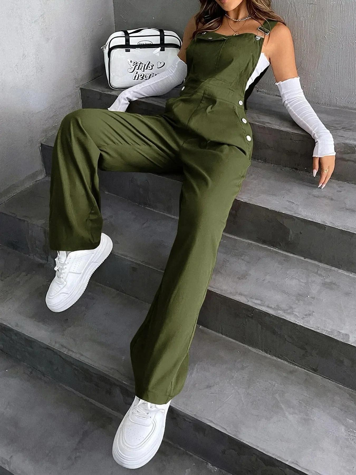 Women's Plain Pocket Overalls, Casual Comfy Overalls for Daily Wear, Ladies Clothes for All Seasons