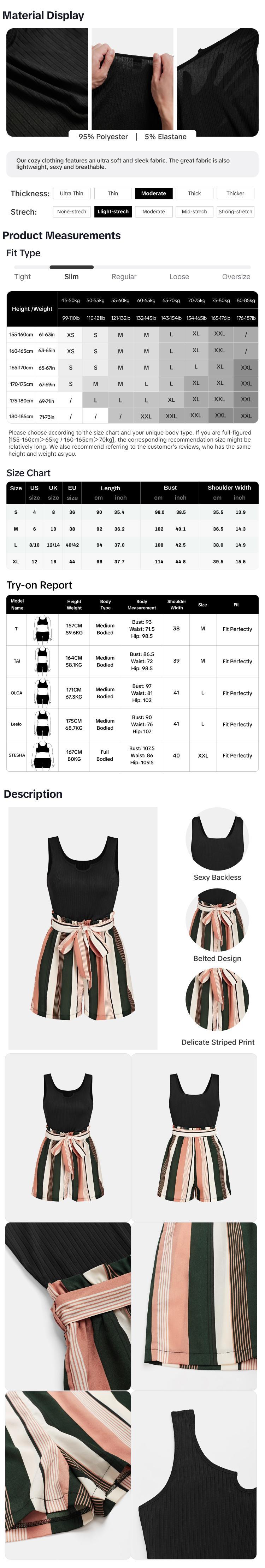YOZY Patchwork Striped Print Jumpsuit/ Boho Notched Neck Sleeveless Paper Bag Waist Belted Romper for Spring & Summer, 2024 Women's Wear for Beach Holiday Vacation, [S-XXL]