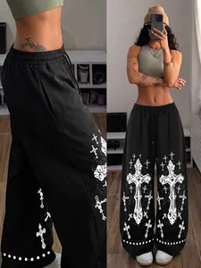 Y2K Gothic Cross Print Wide Leg Pants, Unisex High Waist Drawstring Joggers, Streetwear Religious Style, Breathable All-Season Casual Pants
