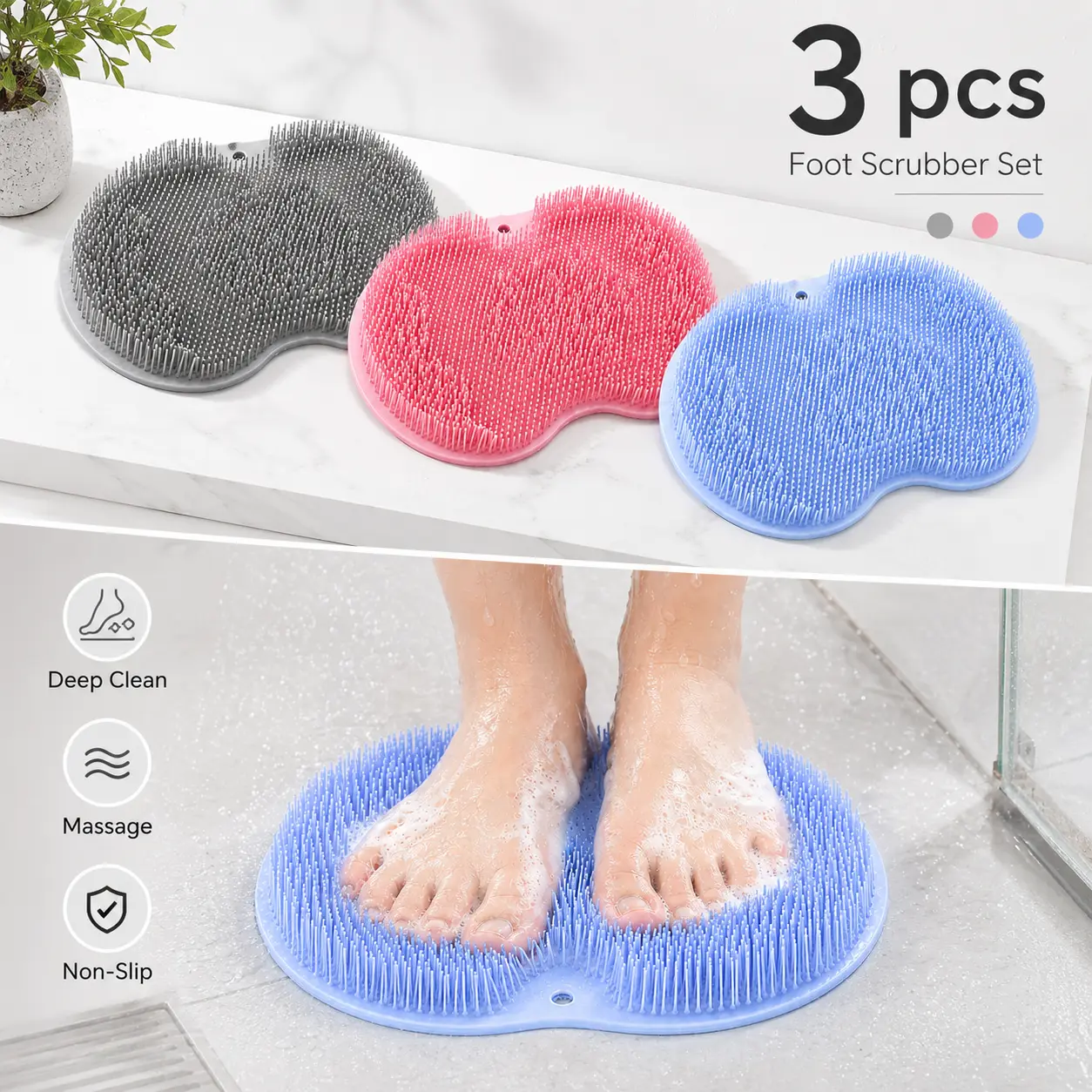 3 Pcs Shower Foot Scrubber Mat, Back Washer & Exfoliating Bath Wash Pad with Non-Slip Suction Cups, Foot Cleaner for Men Women,anti