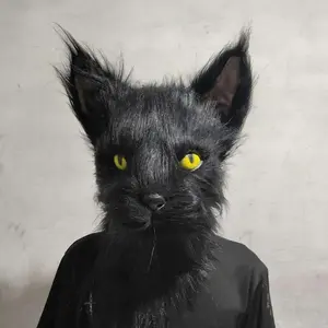 Latex with Fur Black Cat Cosplay Mask Scary Helmet Animal Funny Costume Hood Hair Mask Headwear Adult Halloween Party Props