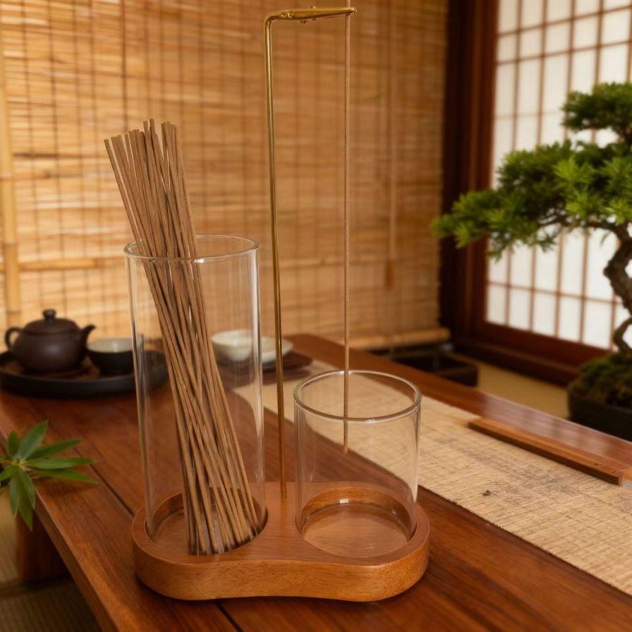 2-in-1 Incense & Candle Holder with Wooden Base and Removable Glass Ash Collector, Romantic Home Decor for Valentine’s Day, Perfect Aromatherapy Ornament for Living Room Bedroom