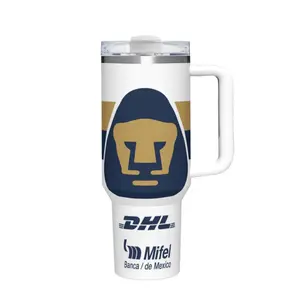 40oz Navy Gold Lion Mascot Tumbler with Clean White Full Wrap Design and Team Emblem Graphic, Insulated Travel Mug with Anti-Slip Handle for Soccer Fans and Daily Commute