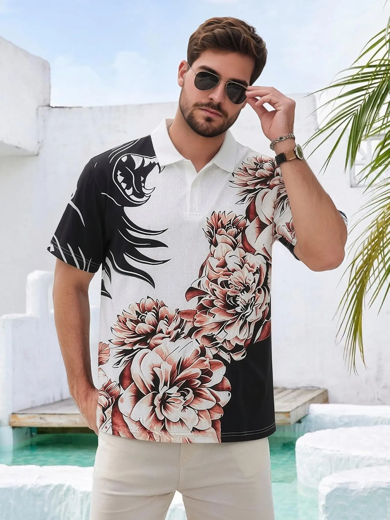 Men's Floral Pattern Button Polo Shirt, Short Sleeve Collared, Casual Daily Modern Sporty Style, Summer Button Design, Summer Apparel