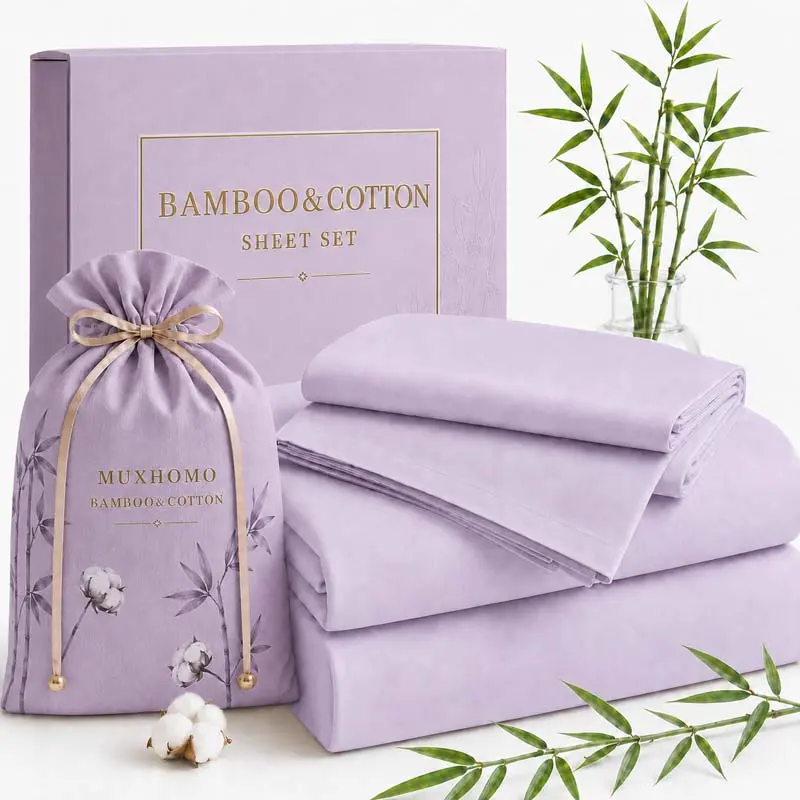 MUXHOMO 3/4 Pcs Cooling Bamboo&Cotton Bed Sheet Set, Breathable & Ultra Soft ，Durable & colorfast Bedding Set with 16" Deep Pocket Elastic Fitted Sheet, Flat Sheet and Pillowcase(s), Moisture-Wicking Comfort for Hot Sleepers, Bedroom Decor