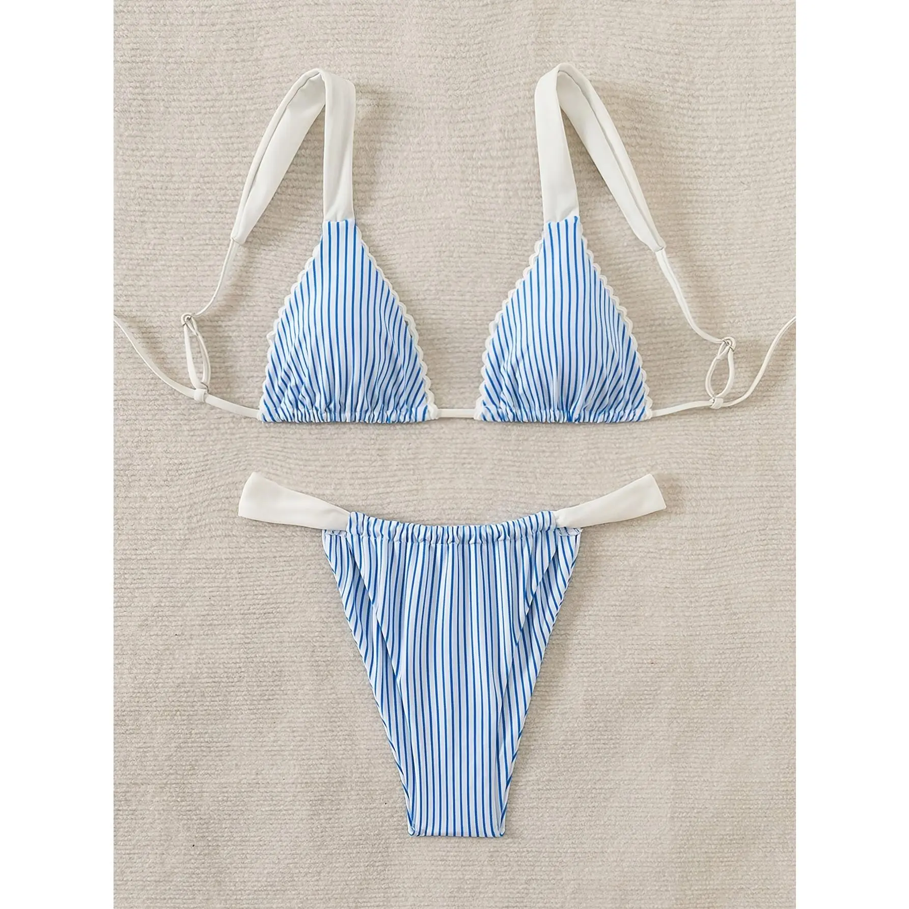 Women's Blue & White Striped Triangle Bikini Set - Contrast Shoulder Straps, Scallop Trim, Quick-Dry Swimsuit for Women, Beach Wear, Poolside Swim