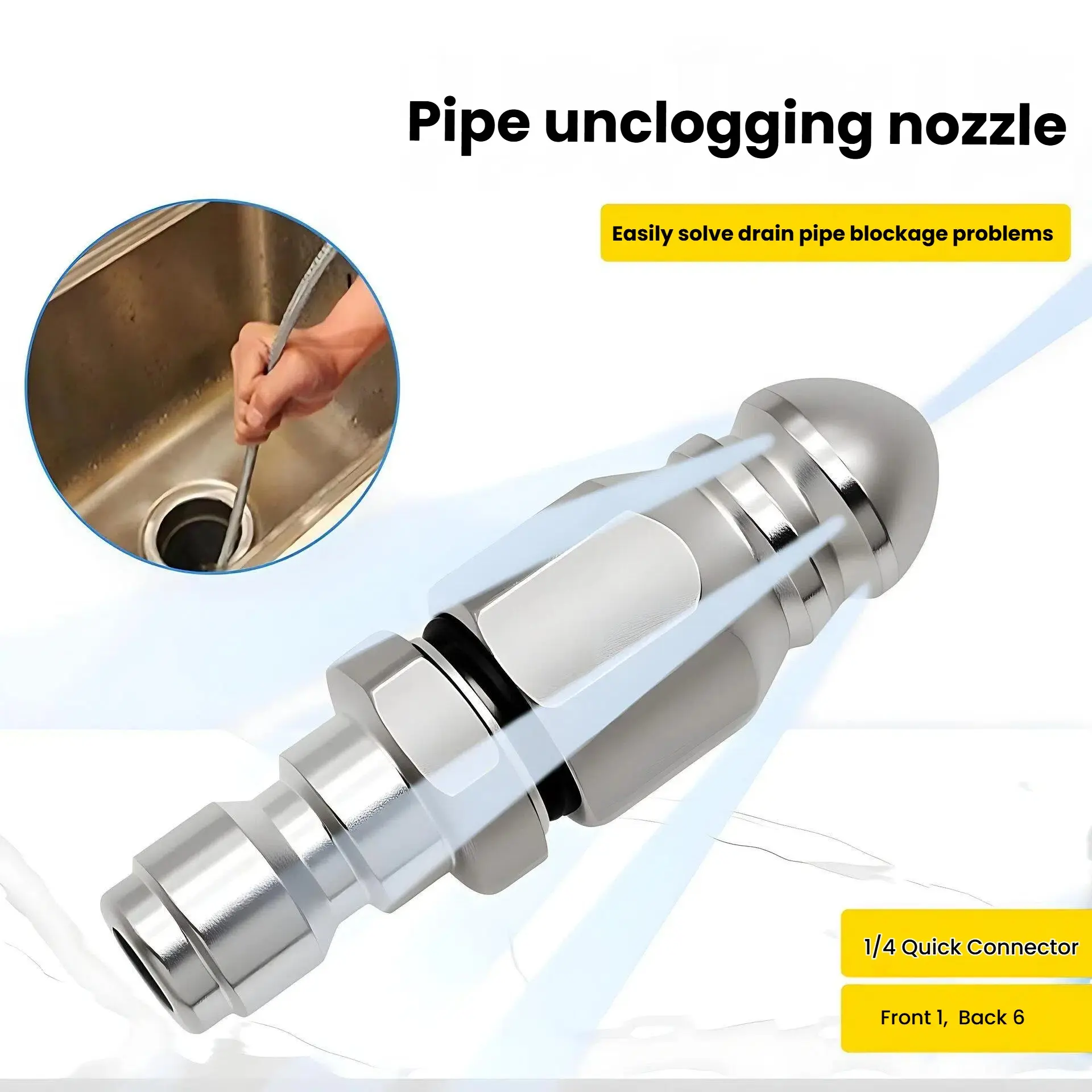1/4 inch pipeline dredging nozzle, Sewer Jetting Nozzle, Sewer Jetter Nozzles, stainless steel high-pressure drainage nozzle, universal threaded interface, quick connector up to 5000 PSI sewer spray nozzle for pipeline dredging and drainage