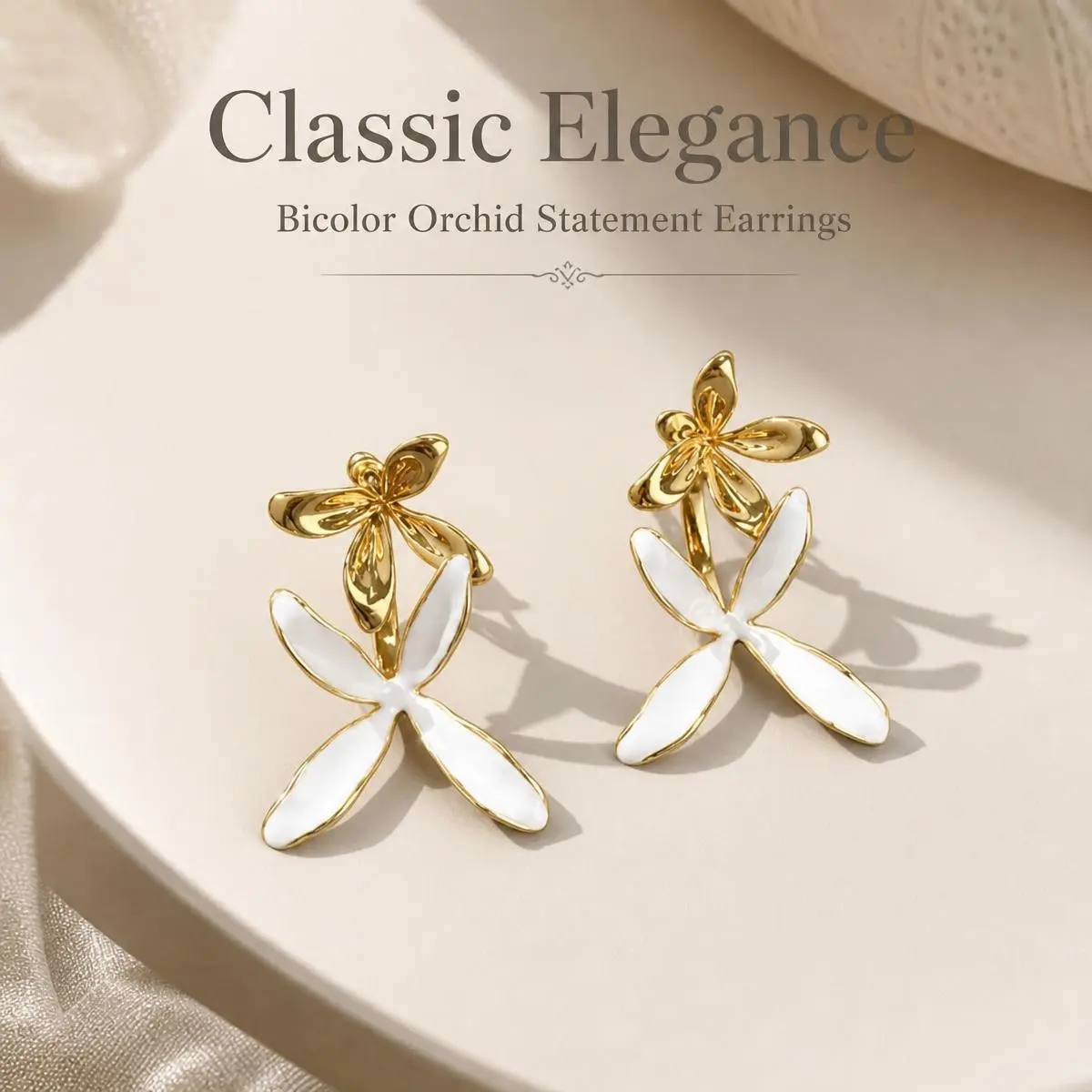 Hypoallergenic Titanium Posts Statement Earrings for Women - 2.4" Bicolor Orchid Dangle Drop, Lightweight 12g Nickel-Free Gold Tone Floral Jewelry, French Chic Sensitive Ear Friendly Gift