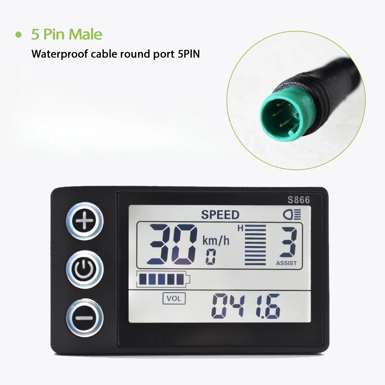 S866 5pin Electric Bicycle Digital Display E-Scooter Cable Computer Speedometer Waterproof Controller Connection, Uart 2 Protocol Only, Digital Readout