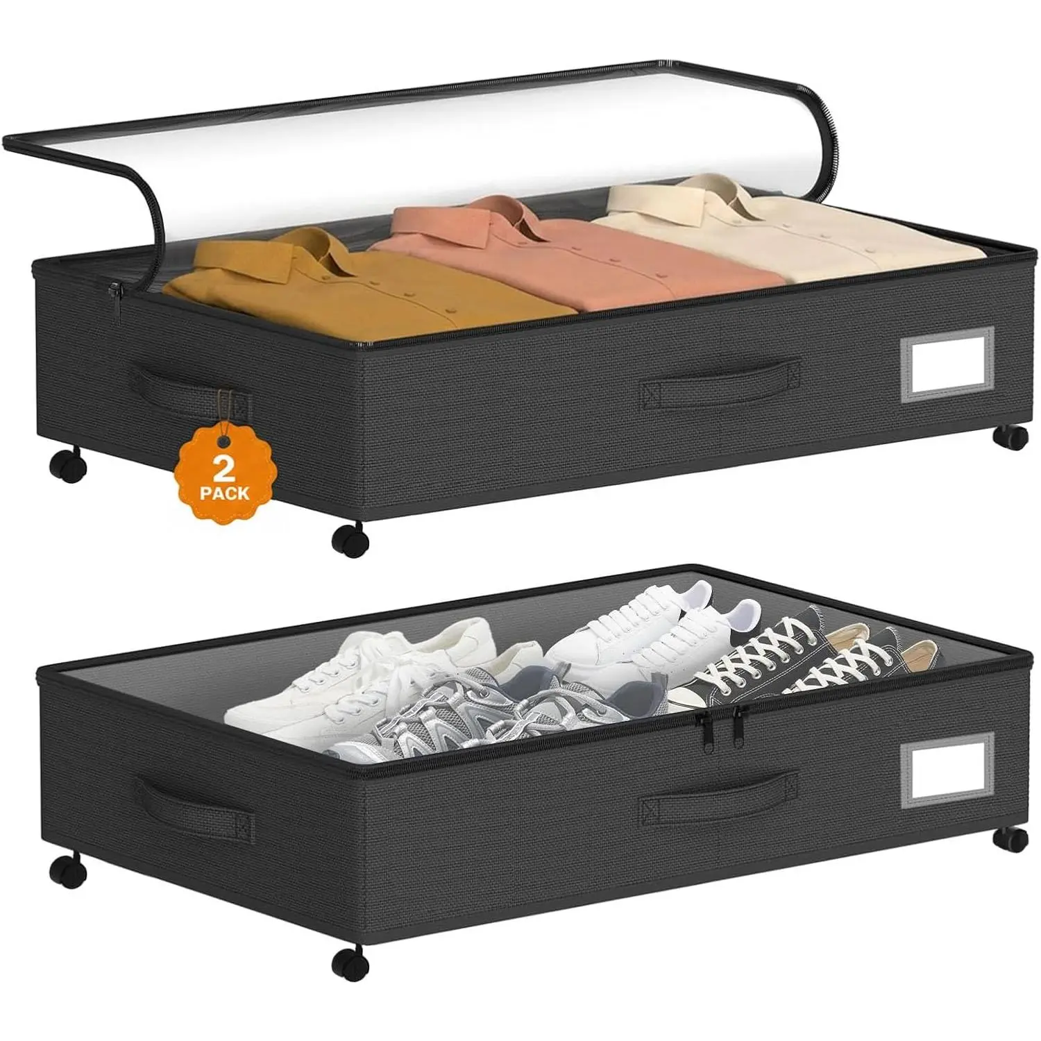 Under Bed Storage with Wheels 2-Pack, Under Bed Storage Containers, Underbed Box with Clear , Rolling Underbed Storage bins for Shoes, Clothes, Blankets (25" L x 16.2" W x 5.5" H)