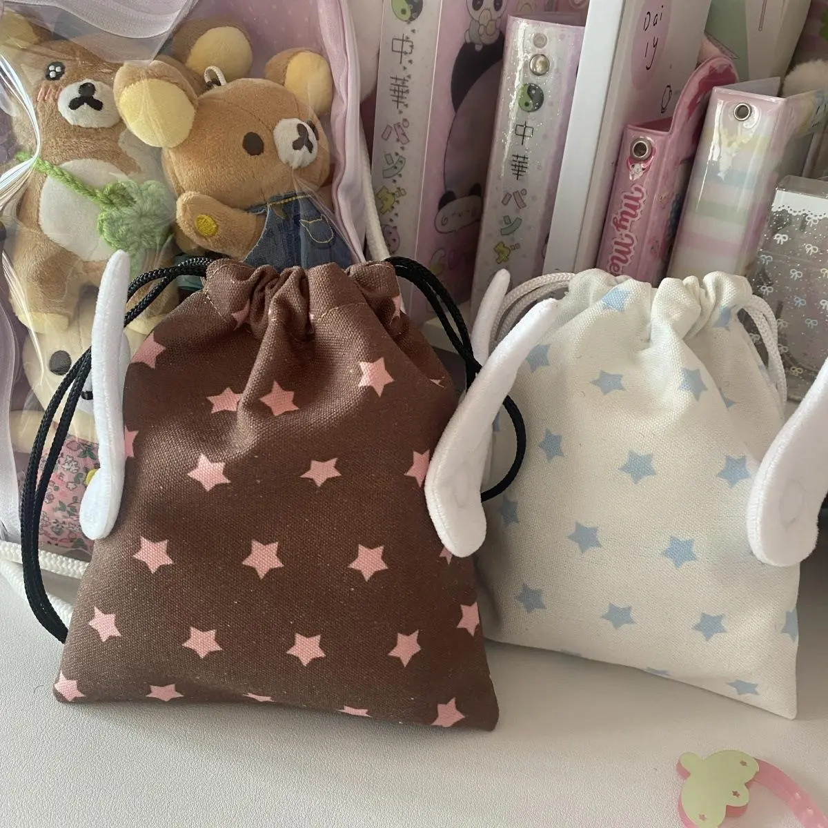 Fashion Portable Bundle Pocket Star Pattern Rope Drawstring Design Cosmetics Bag Canvas Dustproof Stationery Storage Bag