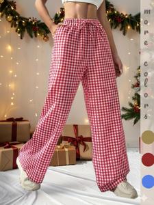 women's plaid print tie front pocket wide leg pants, casual comfy straight leg trousers for daily wear, ladies bottoms for fall & winter