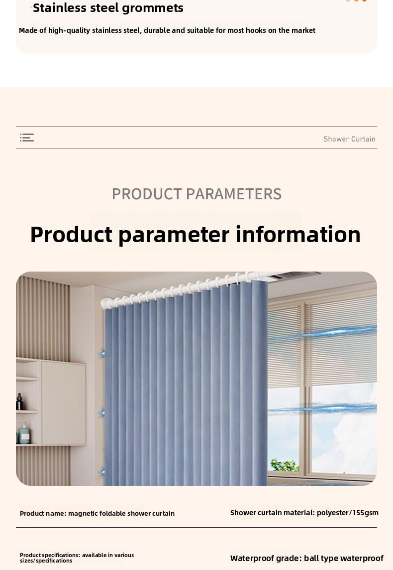 Foldable Magnetic Shower Curtain, Waterproof, Mold-Proof, No Drilling Required, Thickened, Light-Blocking, Partitioning Shower Curtain