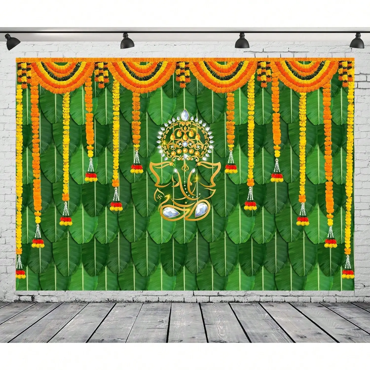 Traditional Chatiya Ganesh Mehndi Backdrop Tapestry, Lightweight Home Decor for Ganpati Puja Festival, Marigold Garland-Infused Photo Booth Prop Banner, Gift for Pooja Celebrations