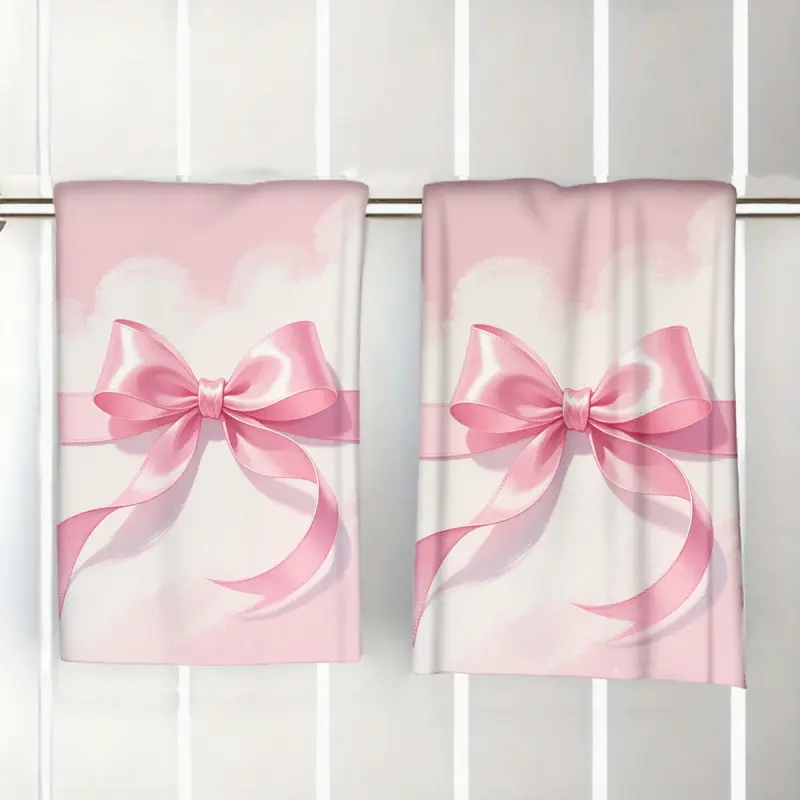 2-pack kitchen towels, single-sided printed, rectangular (16 x 24 inches), pink 2D bow design, soft, comfortable, durable, odorless, suitable for sports, sports fields, home, and school, Kitchen Towels Set