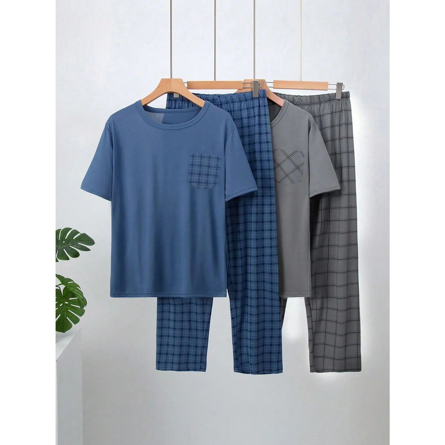 Men's 3-Piece Casual Checked Pyjama Set, Soft Loungewear with Round Neck Short Sleeve Tee & Elastic Waist Pants and Shorts, Menswear, Pyjamas, Plaid, Relaxed Fit, Multi-Size, Shorts Or Pants