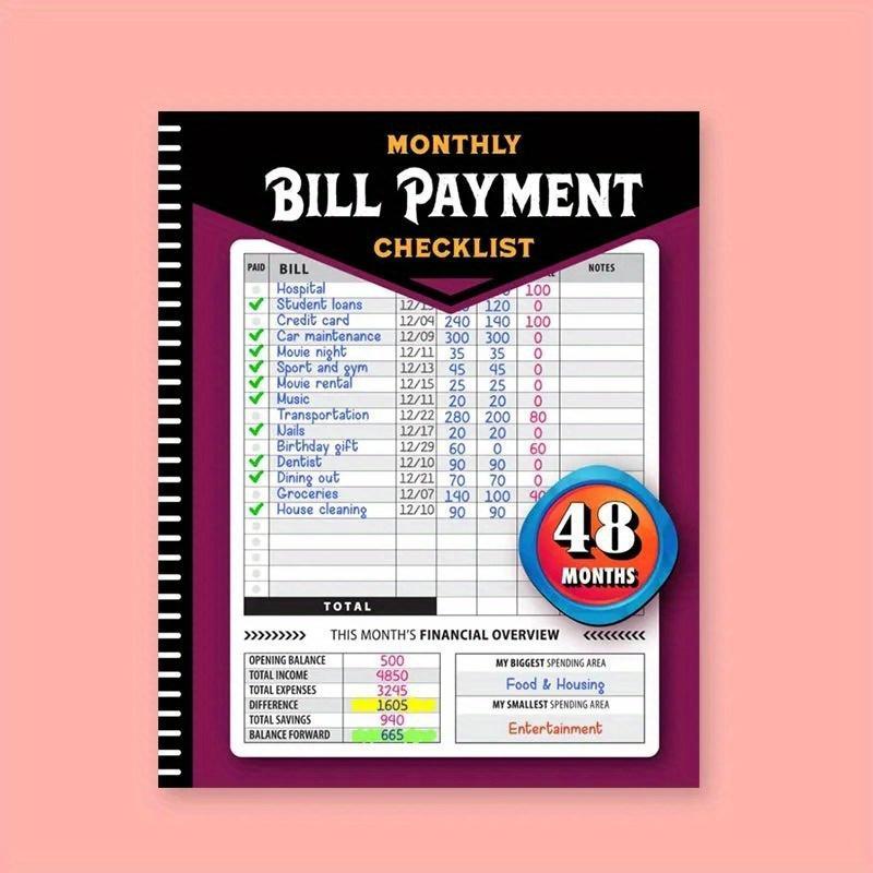48-Month Bill Payment Checklist Planner, Monthly Bill Tracker Notebook for Home Finances & Budget Management, Finance Checklist Organizer, English Language, Paper Material