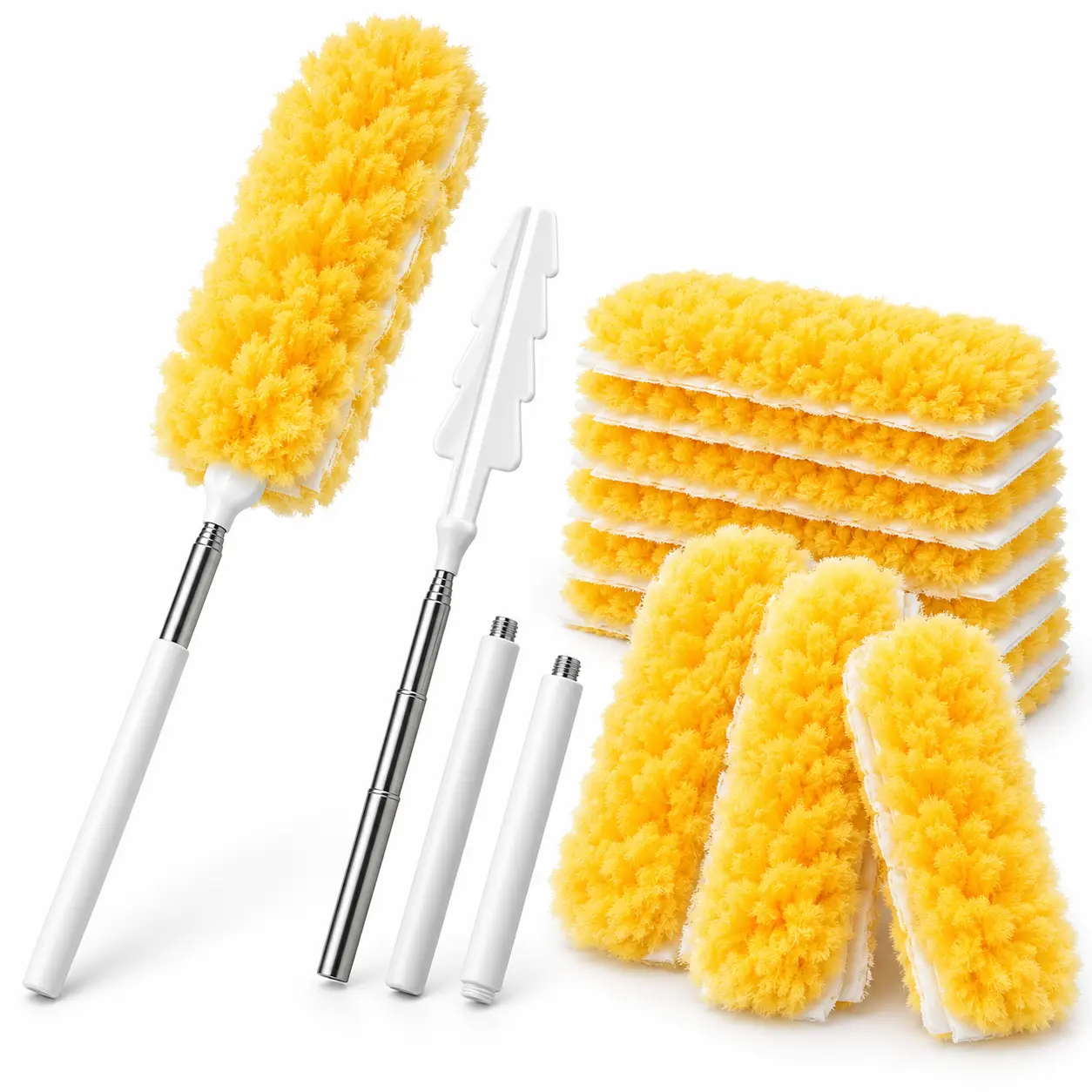 Extendable Duster Kit with 20 Disposable Refills, 360 Rotating Dusting Head and Adjustable Handle, Yellow, for Furniture, Shelves, Blinds, Ceiling Fans and Appliances