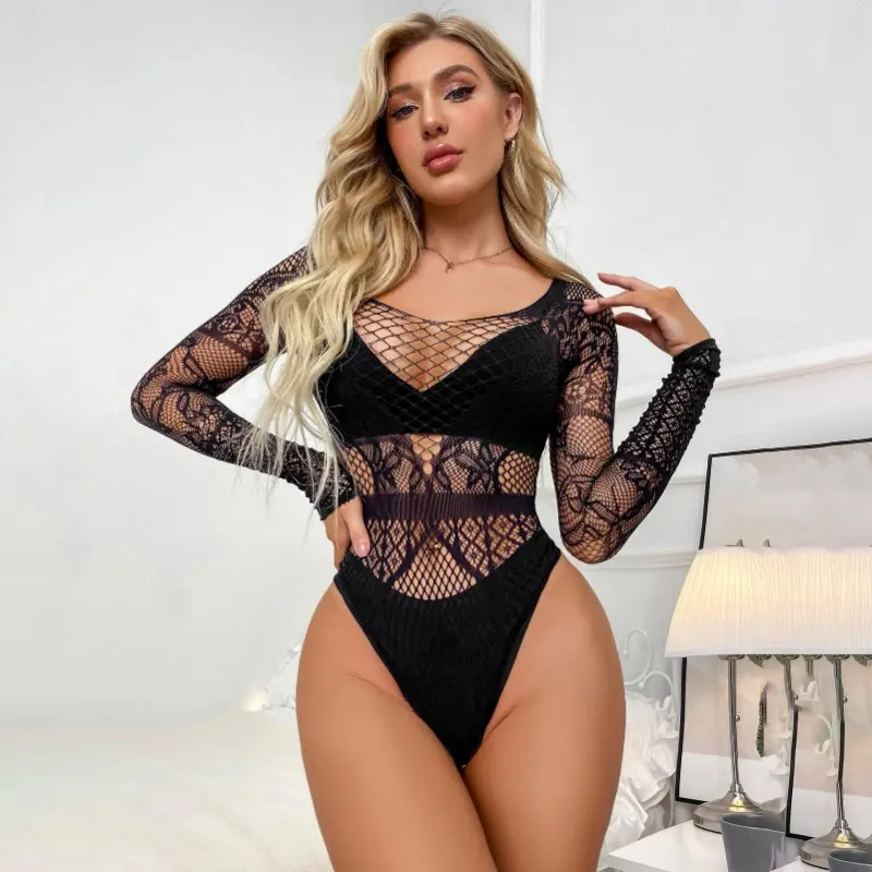 Women's Sexy Full Bodysuit Lingerie, Sheer Fishnet Costume with Long Sleeves, Easy to Wear Night Clothes