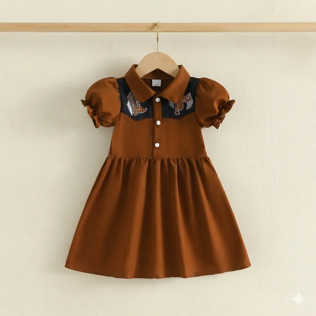 Toddler Girls’ Cowboy Theme Polyester Outfit, Short Sleeve Button Front A-Line Collared Short Dress with Boot Saddle Pattern, Summer Western Cowgirl Clothes, Polyester Clothes, Girls’ Outfit