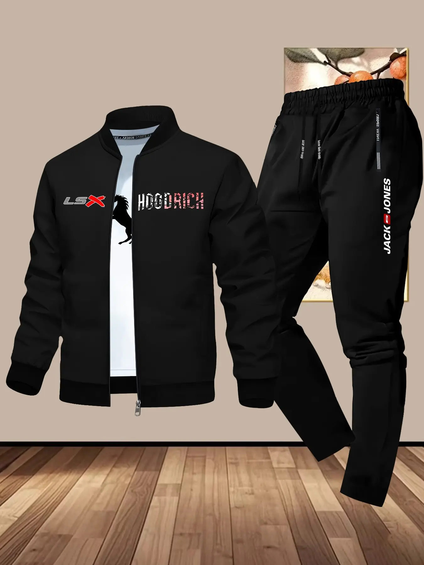 American Street Style Gradient Hoodrich Jacket, Loose Fit Geometric Print, Baseball Collar, Pants Set, Casual Sportswear