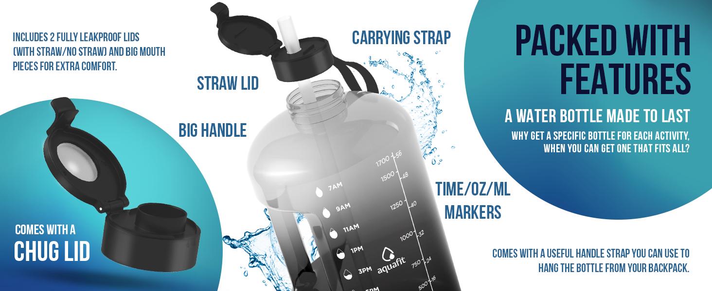 AGS AQUAFIT 64 oz Water Bottle with Time Marker - Straw & Chug Lid - BPA Free Half Gallon Gym Water Bottle with Handle - Big Gallon Jug (Gray, 64 Ounces)