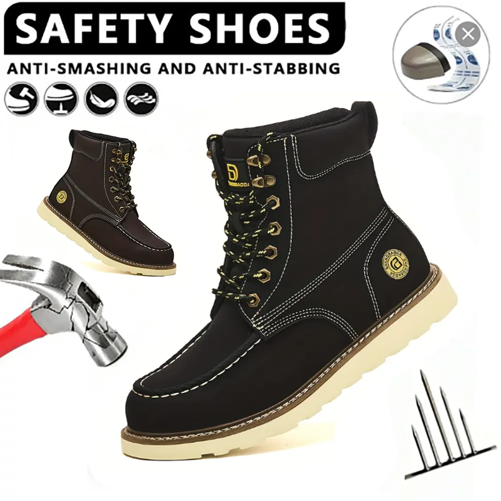 Men Lace Up High Top Steel Toe Safety Boots Indestructible Anti Smash Anti Puncture Non Slip Wear Resistant Shock Absorbing Cushioned Insole Microfiber Construction Work Shoes Heavy Duty All Season Warehouse Farm Mechanic Outdoor Protective Labor Footwear